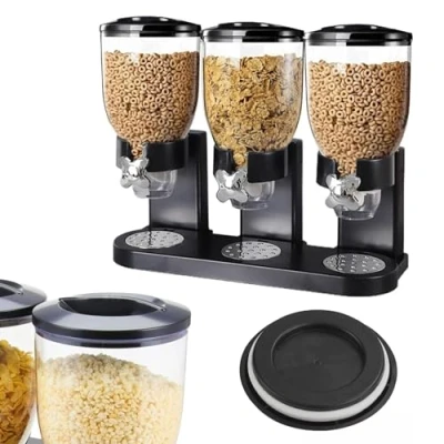 Image of SIZI LTD 6L Black Kitchen Triple Cereal Dispenser Dry Food Storage Container Machine Great for Cornflakes, Candy, Nuts, Beans, Granola