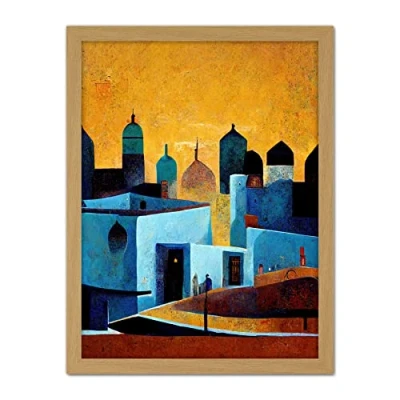 Image of Doppelganger33 LTD Moroccan African Cityscape Modern Blue Yellow Artwork Framed Wall Art Print 18X24 Inch