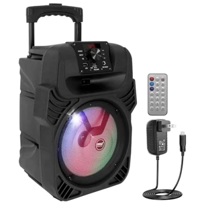 Image of Pyle, Portable Dj Speaker System 400W, Pa Loudspeaker 8 Subwoofer, USB/MP3/FM Radio/Mic Inputs, LED Lights, Rechargeable Battery w/Remote Control