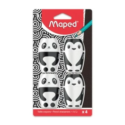 Image of Maped Set of 4 Shakky Penguin and Panda Pencil Sharpener with Reserve 1 Hole for Standard Pencils Easy to Use