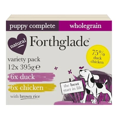 Image of Forthglade Wet Dog Food (12 x 395g Trays) Puppy Meals for 2 12 Months, Wholegrain Duck or Chicken with Brown Rice &amp; Vegetables, Natural Ingredients, Complete Hypoallergenic