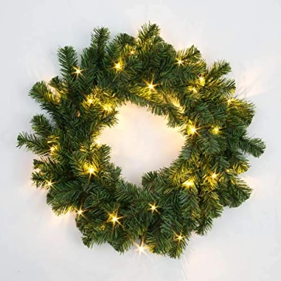 Image of 55cm Pre Lit Green Christmas Wreath Alaskan Pine for Fireplaces Home Wall Door Stair Artificial Xmas Tree Garden Yard Decorations with 30 Warm White LEDs