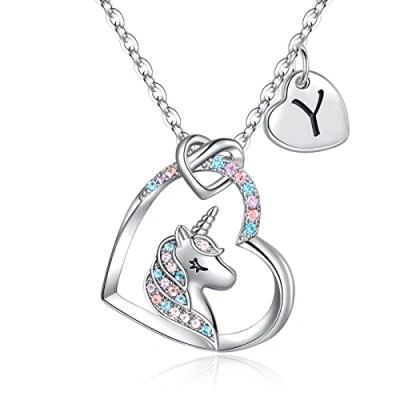 Image of TINGN Unicorn Gifts for Girls, 14K White Gold Plated Letter C Pendant Heart Necklace 6 Year Old Girl Teen Girls Jewelry Initial