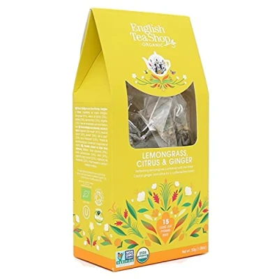 Image of English tea Shop Organic Lemongrass Citrus &amp; Ginger Loose leaf 15 pyramid bags