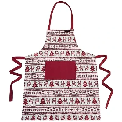 Image of Ragged Rose Christmas Apron Cotton for Cooking &amp; Dishwashing with Neck Strap, Large Front Pocket, Long Ties Kitchen Gifts Women Men Nordic Red 85 cm x 68