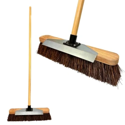 Image of LSC 16 Outdoor Garden Broom &amp; Metal Scraper with Wooden Handle Stiff Bassine Hard Bristle Durable Support Bracket Yard Brush Heavy Duty Sweeping (PACK OF 1)