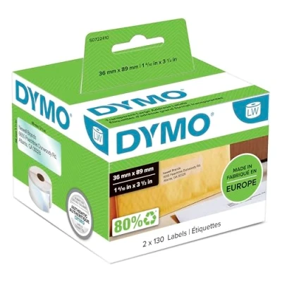 Image of DYMO Authentic LabelWriter Large Address Labels 36mm x 89mm Black Print on Clear 2 Rolls of 130 (260 Easy Peel Labels) Self Adhesive for Label Makers