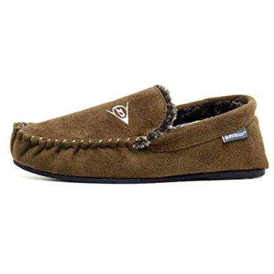 Image of DUNLOP Mens Famous George Moccasin Loafers Faux Sheepskin Fur Slippers with Rubber Sole (Tan Mocc, UK Footwear Size System, Adult, Men, Numeric, Medium, 12)