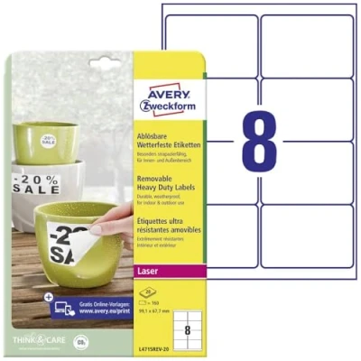 Image of Avery Zweckform L4715REV 20 A4 Waterproof Labels, 160 Pieces, Removable, 99,1 x 67,7 mm, Sheets White