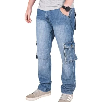 Image of True Face Men&#039;s Cargo Combat Jeans Regular Fit Denim Work Trousers, Multi Pocket Design, Zip Fly Pants, Casual for Men UK Stone Wash 40W / 34L