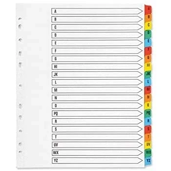 Image of indigo® Dividers, Extra Wide A4+, Index Multipunched Mylar Reinforced Multicolour Tabs White (A Z, Pack of 10)