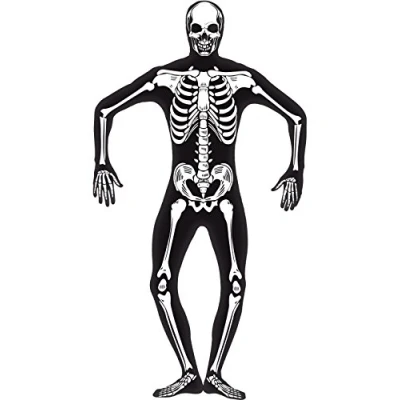 Image of Smiffys Skeleton Second Skin Costume, Black with Concealed Fly &amp; Under Chin Opening, GID, Halloween Adult Fancy Dress, Dress Up Costumes