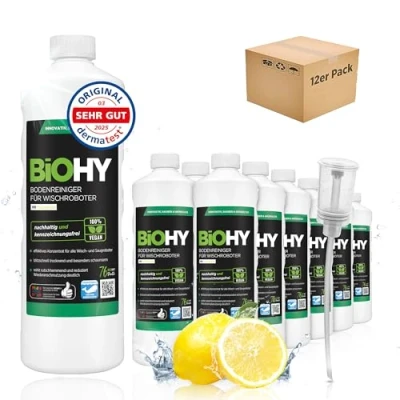 Image of BiOHY Floor Cleaner for wiping robots (12 x 1l Bottle) + Dispenser Concentrate all &amp; suction with wet function sustainable ecological (Wischroboter)