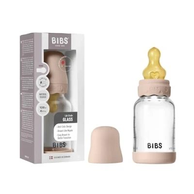 Image of BIBS Boheme Baby Glass Bottle 4 oz /120 ml. Anti Colic. Round Natural Rubber Latex Nipple. Supports Breastfeeding Blush