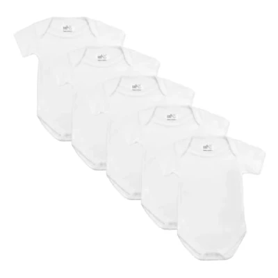 Image of Baby Bodysuits, Vests, Newborn Cotton Short Sleeved Bodysuit, British Made for Boys or Girls, 5 Pack, White,