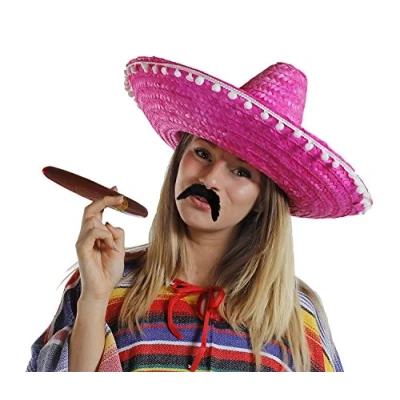 Image of 6X PINK MEXICAN SOMBRERO HATS PLUS MOUSTACHE FAKE JUMBO CIGAR STRAW