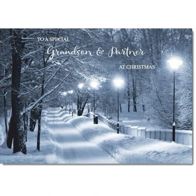 Image of doodlecards Grandson and Partner Christmas Card Snowy Street Scene Medium Size for &amp; with Plain Envelope