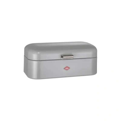Image of WESCO Grandy bread bin in grey, powder coated sheet steel, ventilation holes and sturdy handle, 41 x 25.5 16.5 cm