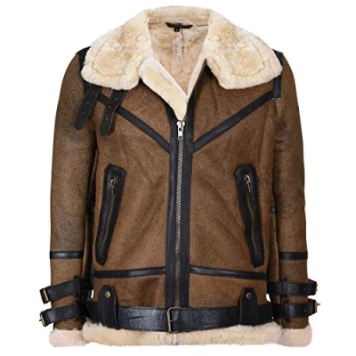 Image of Mens Brown Vintage Pilot B3 Sheepskin Flying Leather Jacket 3XL
