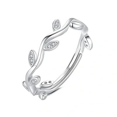 Image of KristLand Women Sterling Adjustable Ring 925 Silver Leaf Open with Cubic Zirconia Gift for Ladies Girls