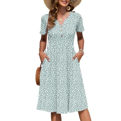 Image of AUSELILY Women&#039;s Summer Short Sleeve Midi Dresses V Neck Empire Button Knee Length Dress with Pockets Green Spot XXL