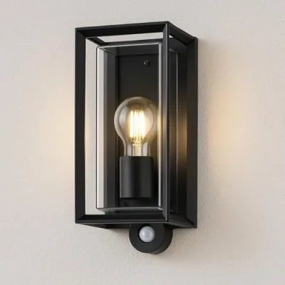 Image of CGC Lighting Outdoor Outside Wall Light Black Modern, E27 Bulb, Mains Powered, Garden, Porch, Patio (Black PIR 2)
