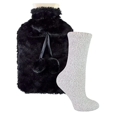 Image of Sock Snob Plush Cuddly Hot Water Bottle &amp; Fluffy Socks Gift Set for Women (, Black)