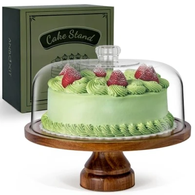 Image of ANBOXIT Cake Stand with Dome Lid, Acacia Wood Plate Cover, Wooden Display Acrylic ( Footed )