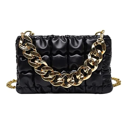 Image of Q&amp;A Women Clutch Bag/Chain Bags for Women,Crossbody Bag PU Leather Handbag Small Quilted Purse with Chain Shoulder Strap,Wedding Prom,Party (Black)