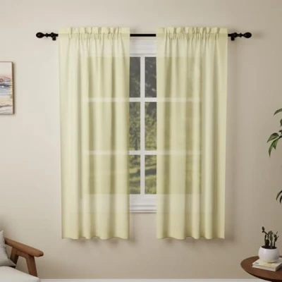 Image of Pacok Yellow Voile Curtains, 72 Drop 2 Panel Net Curtain for Windows, Rod Pocket Sheer Curtains Living Room Kitcken Bedroom W56xL72 Inch(Yellow,142 x 183cm)