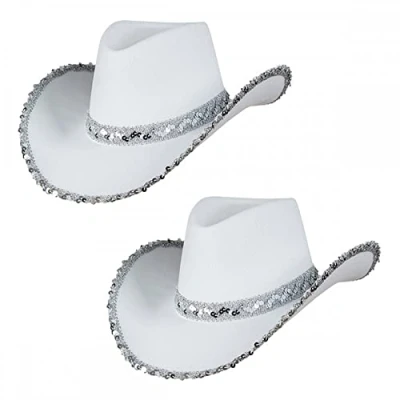 Image of A2ZFD 2 x Adult Ladies White Sequin Texan Cowboy Hats : Wild West Cowgirl Hen Night Fancy Dress Accessory, L