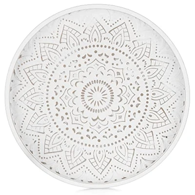 Image of Hanobe Round Decorative Coffee Tray: Rustic White Table Tray Decor Farmhouse Centerpiece Wood Circle Floral Serving Trays for Kitchen Counter Boho Ottoman Home