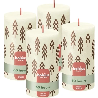 Image of Bolsius Rustic Pillar Candles Silhouette Ivory with Print Pack of 4 9.5 x cm Long Burning Time Household Candle Includes Natural Vegan Wax Without Palm Oil Christmas Decoration
