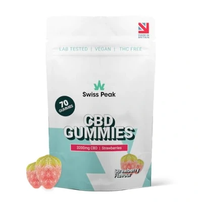 Image of Swiss Peak, High Strength 3200mg CBD Strawberry Flavoured Gummies, 70 Gummies Per Tub, Non GMO, All Natural &amp; No THC, Vegan, Gluten Free UK Made