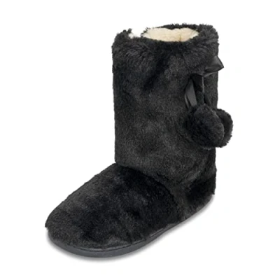 Image of Polar Womens Faux Fur Slipper Boots Memory Foam Indoor Bootie with Anti Slip Rubber Sole Soft and Fluffy House Cute Pompoms Ankle Boot Slippers Black AYC0896/UK7