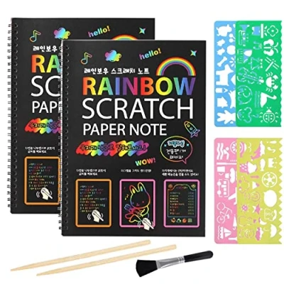 Image of Scratch Art Books for Kids, 2 Pack Rainbow Magic Paper Black it Off Crafts Notes Boards Sheet with Wooden Stylus, Clean Brush and 4 Drawing Stencils