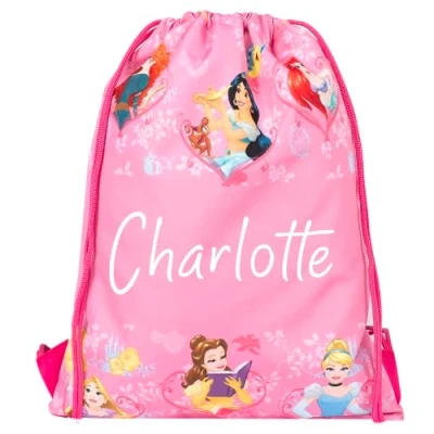 Image of Disney Princesses Personalised Drawstring Bag For Kids PE School Gift Girls Swimming Pink