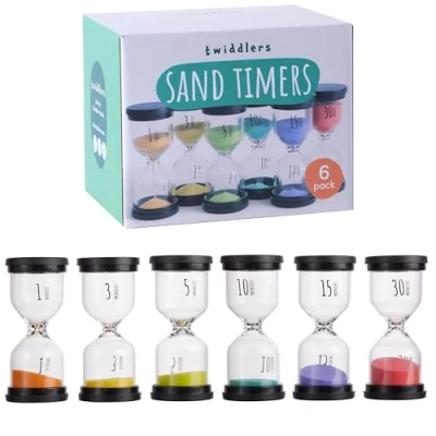 Image of THE TWIDDLERS Set of 6 Hourglass Sand Timers for Kids 1,3,5,10,15 &amp; 30 Minute Egg Children Adults Visual Sensory Timer Toys
