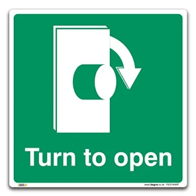 Image of Turn To Open Clockwise Sign, Self adhesive Vinyl Sticker 150x150mm, British Standard Fire Safety Door Signs