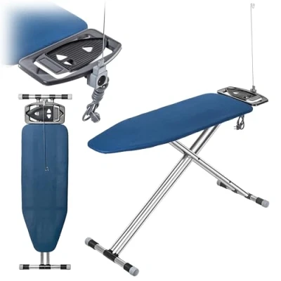 Image of KADAX 120 x 42 cm Folding Aluminium Ironing Board with Iron Rest and Cable Holder, Height Adjustable Socket (Dark Blue)
