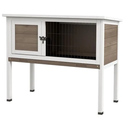 Image of Pawhut Wooden Guinea Pig Hutch Bunny Cage Backyard Built in Tray Openable Asphalt Roof Small Animal House 86 x 45 70 cm Grey