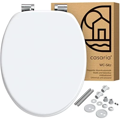Image of CASARIA® White Double Soft Close Toilet Seat MDF Wood Core Hygienic Rustproof Metal Stainless Steel Hinges 175kg Capacity Wooden Bathroom Standard D Shape Slow Top Lid Seats