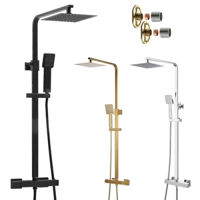 Image of Square Thermostatic Shower Kit Twin Head Overhead Rigid Riser Chrome Brushed Brass Matt Black (Matt Black)