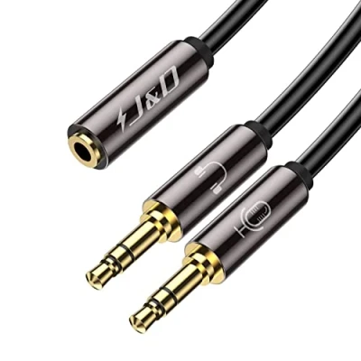 Image of J&amp;D 3.5mm Headphone Splitter Adapter, for Computer Female to 2 Dual Male Mic and Audio Y Microphone Stereo Jack Earphones Port Cord, 20cm