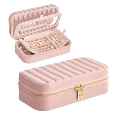Image of SONGMICS HOME ANAH Collection Travel Jewellery Case, Small Box Organiser with Mirror, 10.5 x 20.5 6 cm, PU Surface Stitching, Portable, Zippers, Gift Idea, Jelly Pink JBC180S01