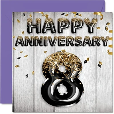 Image of Awesome Bronze Anniversary Card for Husband Boyfriend Wife Girlfriend Black Gold Glitter Balloons Happy 8th Cards from Family, 145mm x Greeting Eighth Anniversaries