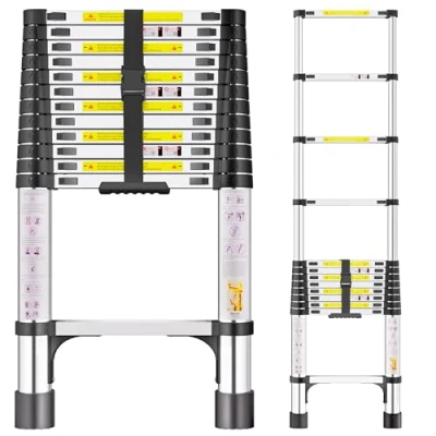 Image of Telescopic Ladder, 3.8M Stainless Steel Thickened High Strength Loft Portable Ladders Extendable with Non Slip Feet Adjustable Height for Roof Attic Caravans