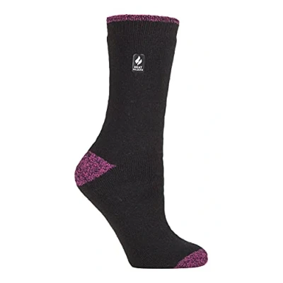 Image of HEAT HOLDERS Ladies Patterened Warm Winter Fleck Striped Twist Thermal Socks in 10 colours, size 4 8 UK 37 42 eur (Black/Berry H&amp;T)