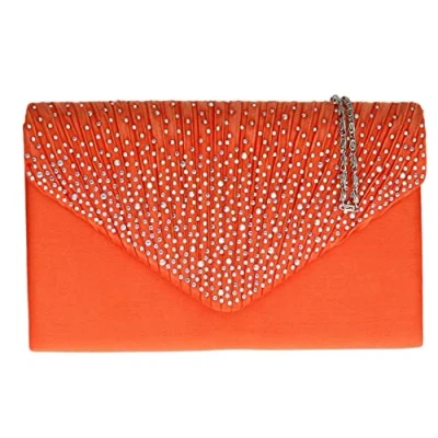 Image of Girly Handbags Womens Pleated Satin Clutch Bag Diamante Shoulder Chain Elegant Prom Wedding Evening Orange