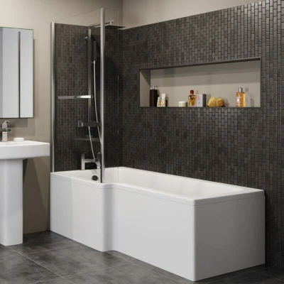 Image of Ceramica L Shaped Shower Bath Bundle 1700mm Left Hand Inc. Screen with Rail &amp; Front And End Panel